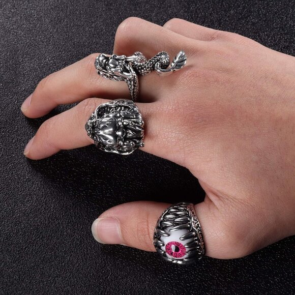 16 Pieces Vintage Punk Rings for Men Women Gothic Rings Silver Black Dragon Snak - Picture 4 of 7
